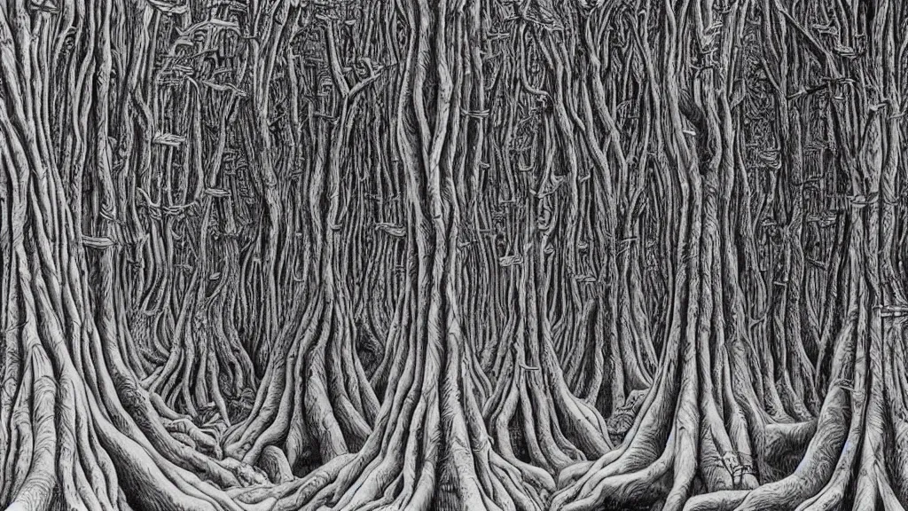 Prompt: a forest of trees that look like gnarled fingers, by chris van allsburg and m. c. escher, fine inking lines, surreal fantasy