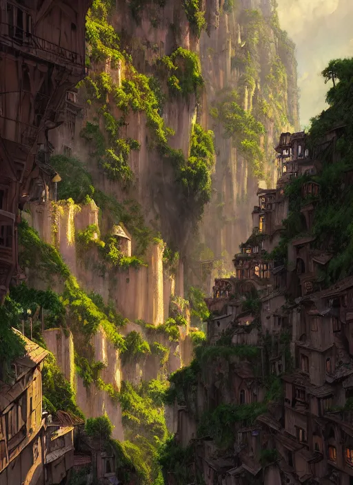 Image similar to medieval city built on terraces in a gigantic canyon, lots of buildings connected by hanging bridges, waterfalls, warm glow coming from the ground, lush vegetation, pitchblack sky, extremly detailed digital painting, in the style andreas rocha and greg rutkowski, 8 k, stunning scene, octane, trending on artstation