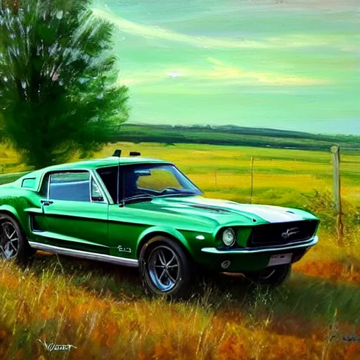 Prompt: green 1967 Ford Mustang GT, Swedish countryside, freedom, dawn, beautiful woman, atmospheric, painting by Vladimir Volegov