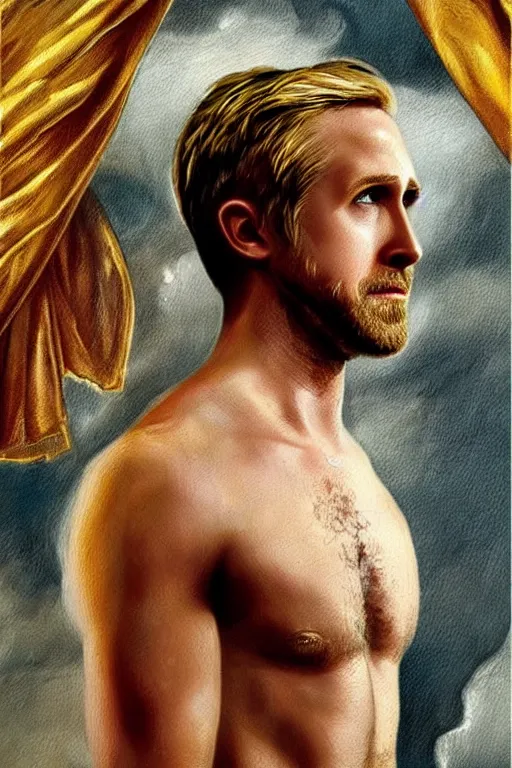 Prompt: painted portrait of ryan gosling as rugged zeus god of thunder greek god white hair masculine handsome upper body red and gold broad shoulders