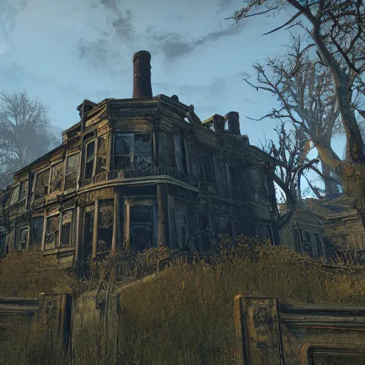 Prompt: an old abandoned mansion from fallout 4 game