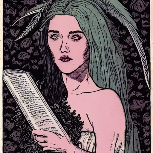 Prompt: youthful modest sad jennifer connelly as gothic dark fae disney villain with black feathers instead of hair, sad, moulting, fetal position, feathers growing out of skin, reading in library, pulp sci fi, mike mignola, david mack, romantic, comic book cover, vivid, beautiful, illustration, highly detailed