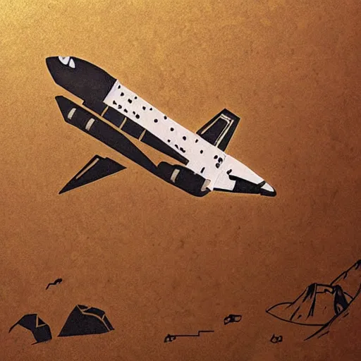 Prompt: ancient cave painting depicting a space shuttle, detailed drawing, cinematic composition, smooth, realistic