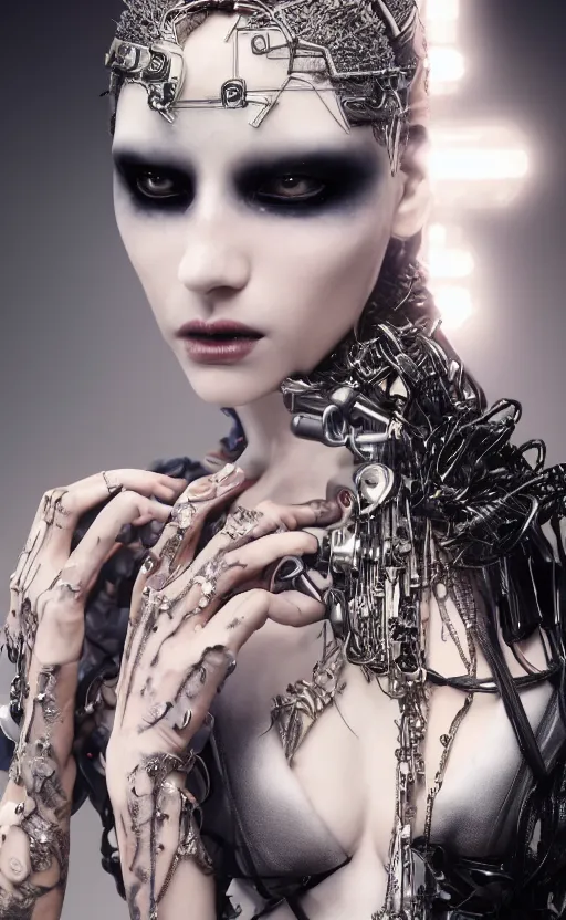 Image similar to hyperrealistic futuristic high fashion photography, girl in studio, full body, cybernetic parts by luis royo, asian, vogue magazine, nomad masterpiece, nano parts, neon lights, smoke, eerie music, beautiful intricate face and flawless skin, tribal jewelry, tattoos, perfect hands, head piece, by Edgar Maxence and Ross Tran and Michael Whelan, 8k, octane render