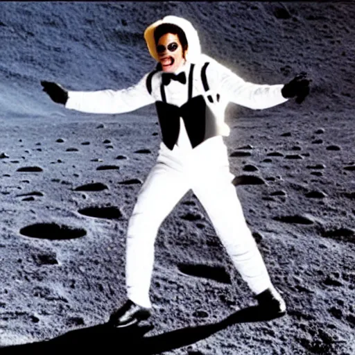 Prompt: michael jackson wearing his tuxedo and doing a moonwalk dance move on the moon