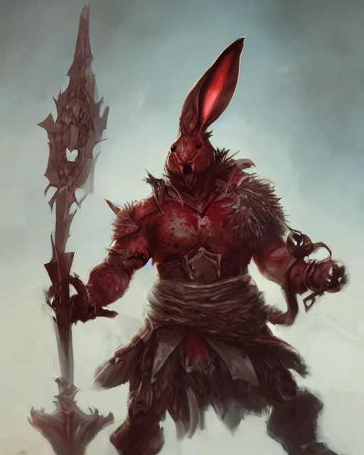 Image similar to Rabbit Berserker, rage, maniac, war paint, red, Khorne, magic the gathering artwork, D&D, fantasy, cinematic lighting, centered, symmetrical, highly detailed, digital painting, artstation, concept art, smooth, sharp focus, illustration, volumetric lighting, epic Composition, 8k, art by Akihiko Yoshida and Greg Rutkowski and Craig Mullins, oil painting, cgsociety