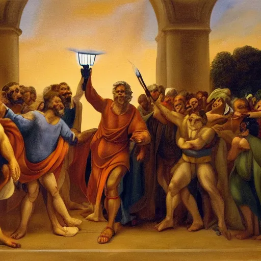 Prompt: a painting of Yair Lapid holding a torch and leading a crowd of people in the style of Michaelangelo