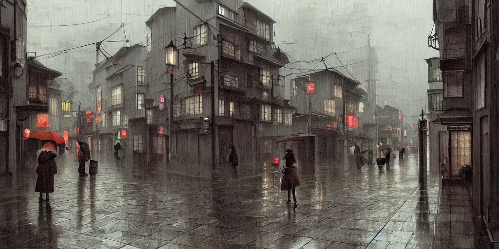 Image similar to a typical japanese city street in the rain, vermeer painting, dark academia aesthetic, matte painting, photorealistic, grey overcast day, by gerard brom