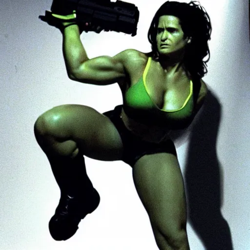 Prompt: promotional photo of she-hulk as a cop in the movie Heat (1995), movie still,