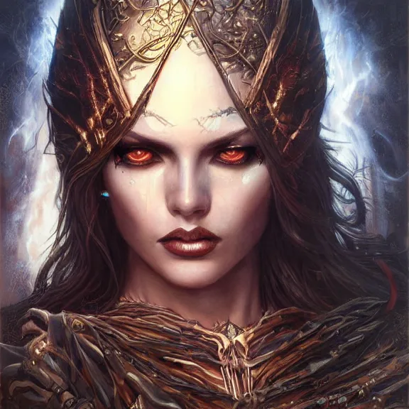 Image similar to a higly detailed painting of a sorceress with piercing beautiful eyes, dark dungeon setting, dynamic lighting, ambient lighting, deviantart, art by artgerm and karol bak and mark brooks