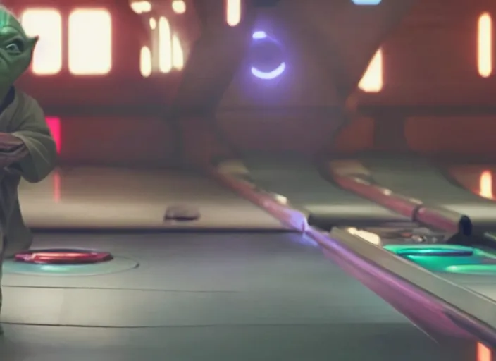 Image similar to film still of yoda uses the force to roll a bowling bowl down a lane in a bowling alley in the new Star Wars movie, 4k