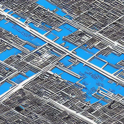 Prompt: blueprint of a city on a map axonometric exploded view, high detail, 8k, photorealistic