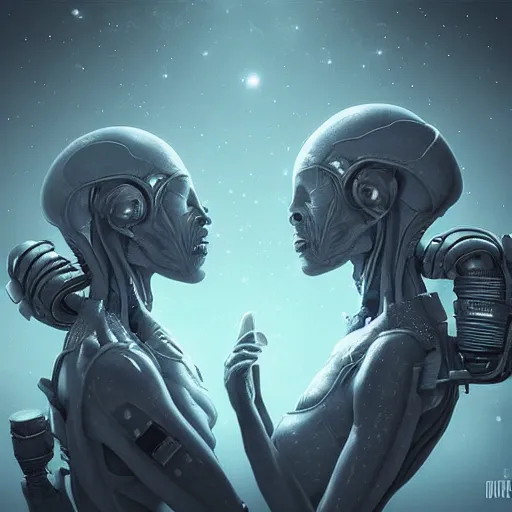 Prompt: two aliens in space [ dancing romantically ]!!, trending on cgsociety, photorealistic, sharp, intricate, detailed, contest winner, award winning!!, sci - fi art style, cyberpunk atmosphere, bioluminescent atmosphere