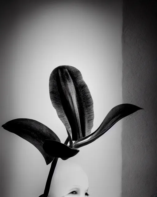 Image similar to surreal mythical dreamy dark artistic black and white fine art photo of a monumental wax sculpture of a female - orchid - bird - cybor