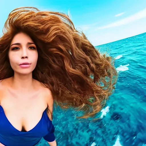 Image similar to selfie!!!!! of a woman with gorgeous hair flowing in the wind, in the middle of the ocean!!!!!, first - person view, fisheye!!!!! lens!!!!!, photorealistic image, trending on artstation, 4 k, 8 k