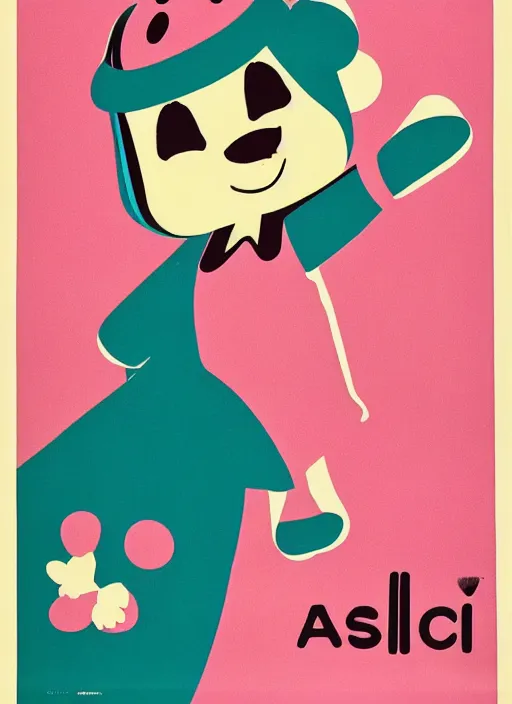 Image similar to Polish posters for Isabelle from Animal Crossing. Screen printed, silkscreen, two-tone paper texture. 1968