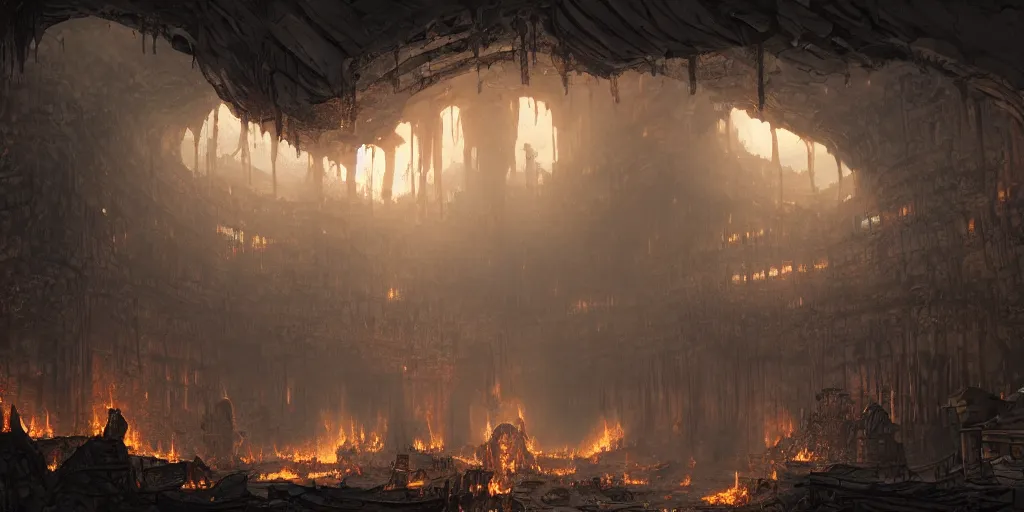 Prompt: Raiders burn a vast library in a cavern, fantasy, wide shot, trending on artstation