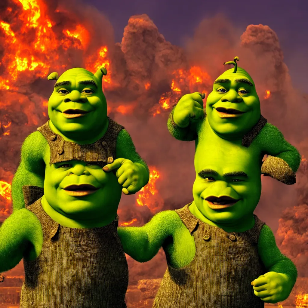 Image similar to shrek punching nuclear chimneys, destruction, chaos, 4 k, realistic, professional photography