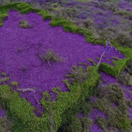 Prompt: purple kudzu, eldritch abomination, abandoned city, post apocalyptic