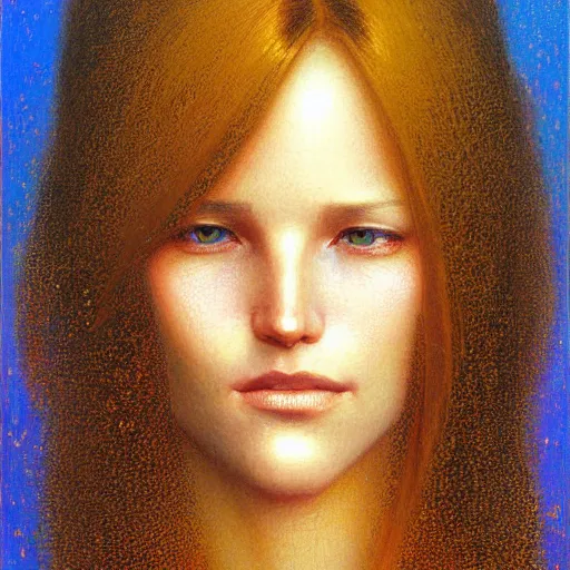 Prompt: Facial portrait of a cute shy woman, looking away from the camera, seductive smile, sparkle in eyes, lips slightly parted, long flowing hair, no hands visible, intricate, extremely detailed painting by Jean Delville and by Greg Rutkowski and by Moebius, vibrant colors, golden hour