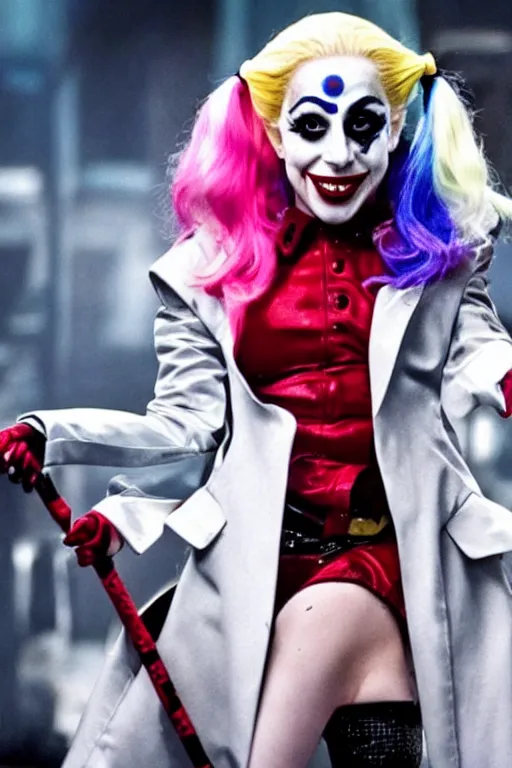 Image similar to film still of Lady Gaga as Harley Quinn in Joker 2, 4k