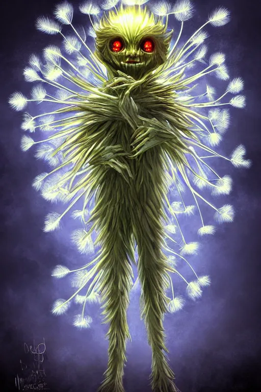 Image similar to a glowing humanoid figure dandelion monster with large glowing eyes, highly detailed, digital art, sharp focus, trending on art station, artichoke, anime art style