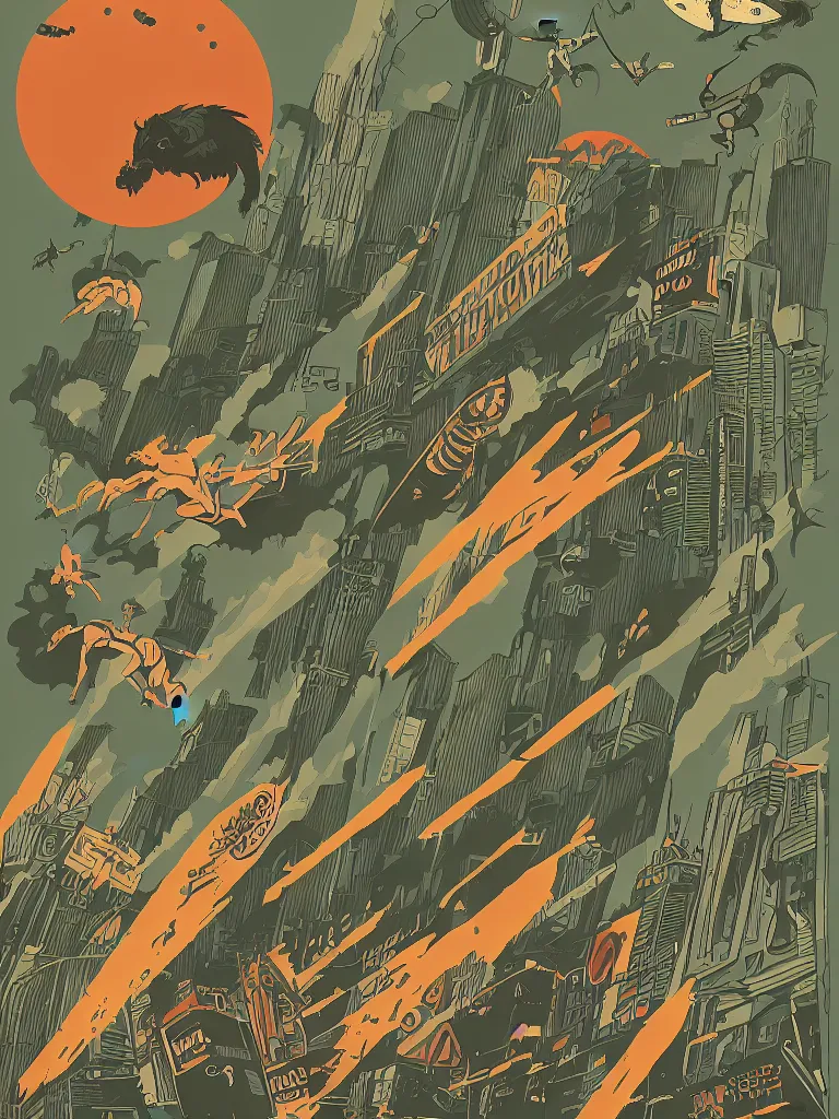 Prompt: tom haugomat style poster illustration of a large retro monster battle above the city, vintage muted colors, some grungy markings