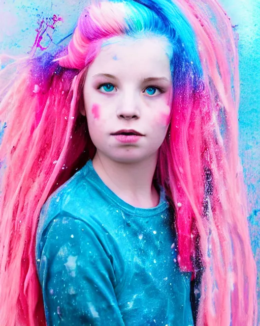 Image similar to a dramatic lighting photo of a beautiful young woman eva elfie with cotton candy hair. paint splashes. with a little bit of cyan and pink