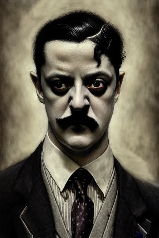 Prompt: gomez addams, dark - colored suit and tie, gothic, young, castilian descent, man, full - body, realistic portrait, ethereal, soft clean focus, art by emil melmoth, gustave dore, craig mullins, yoji shinkawa, art germ, pete morbacher, david lynch, hyper detailed, high detail, artstation, hyperrealistic, unreal