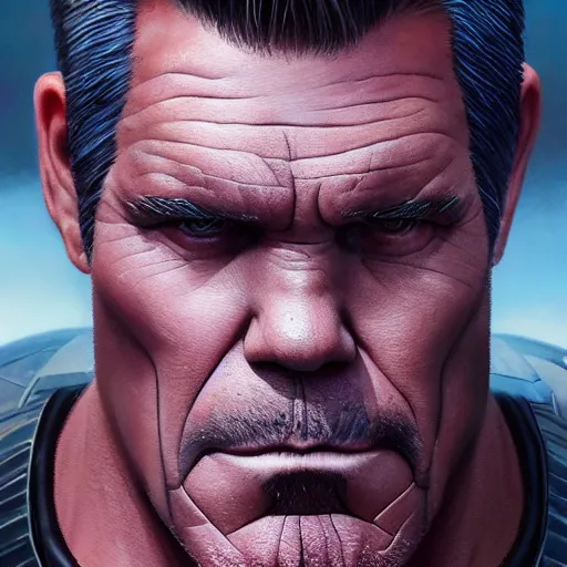 Image similar to josh brolin thanos closeup portrait, dramatic light, lake background, 2 0 0 mm focal length, painted by stanley lau, painted by greg rutkowski, painted by stanley artgerm, digital art, trending on artstation