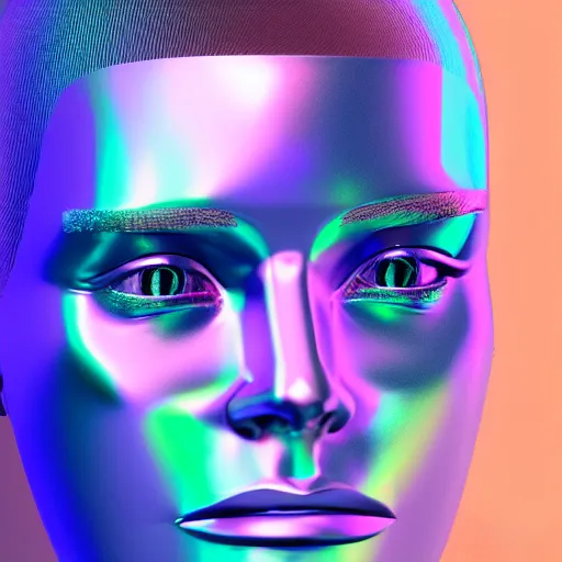 Image similar to 3d render of holographic human robotic head made of glossy iridescent, surrealistic 3d illustration of a human face non-binary, non binary model, 3d model human, cryengine, made of holographic texture, holographic material, holographic rainbow, concept of cyborg and artificial intelligence