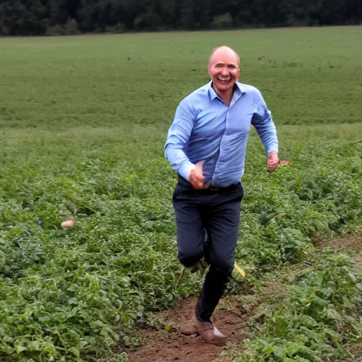 Prompt: Peter Dutton frolicking in a field of potatoes