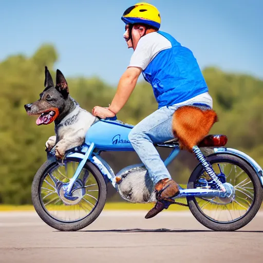 Image similar to blue heeler dog on a bike, 8 k photography, blurred background of a wafflehouse