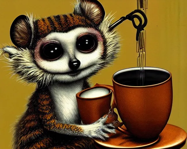 Prompt: an steampunk lemur having a cup of tea, by donato gioncola, mark ryden