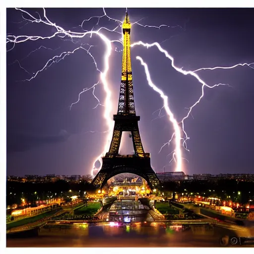 Image similar to the eiffel tower during a lightning storm