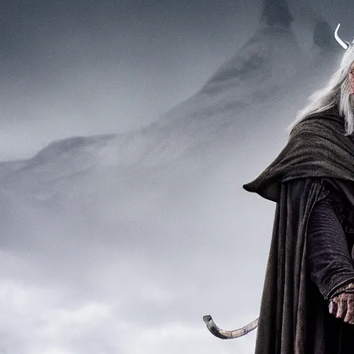 Prompt: distant landscape photo of the evil ian mckellen as gandalf in a dark viking hood playing odin all father from the thor movie crafting a neural network with synapses on am anvil, highly detailed, cinematic shot, cinematic lighting, 8 k, exquisit facial detail