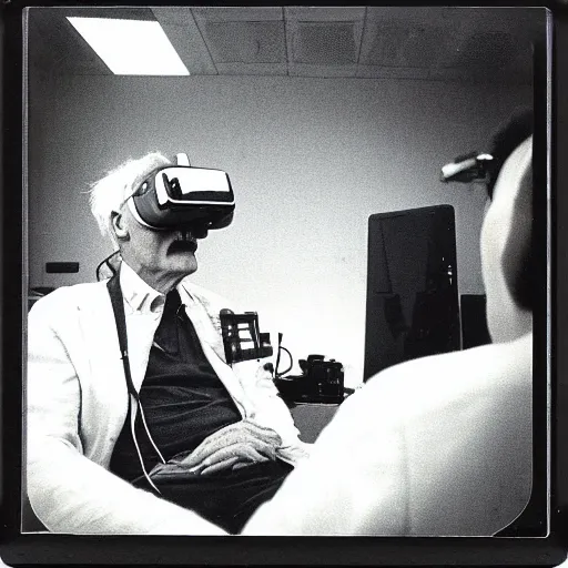 Image similar to Timothy Leary sitting Down with a VR headset on, 1994, Polaroid