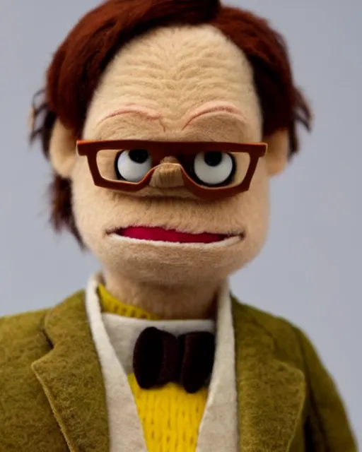 Image similar to a still if dwight schrute with brown suit as a muppet in the office. highly detailed felt. hyper real photo. 4 k.