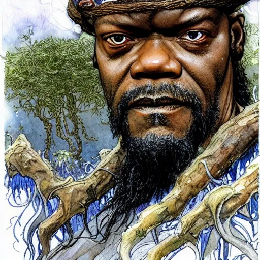 Prompt: a realistic and atmospheric watercolour fantasy character concept art portrait of samuel l. jackson as a druidic warrior wizard looking at the camera with an intelligent gaze by rebecca guay, michael kaluta, charles vess and jean moebius giraud