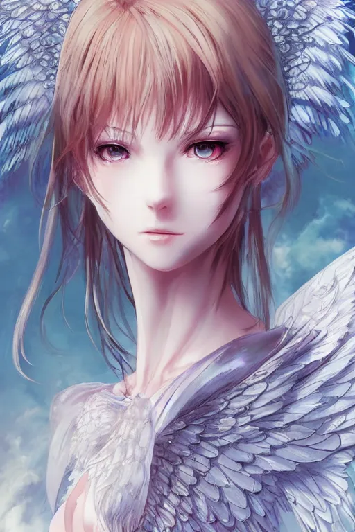 Image similar to beautiful anime maiden with angelic wings, intricate, elegant, highly detailed, artstation, concept art, illustration, art by Yoshitaka Amano, Sakimichan, Kuvshinov Ilya, tsuaii