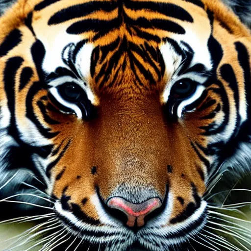 Prompt: Photorealistic photograph of a tiger by Suzi Eszterhas, photorealism, photorealistic, realism, real, highly detailed, ultra detailed, detailed, 70–200mm f/2.8L Canon EF IS lens, Canon EOS-1D Mark II, Wildlife Photographer of the Year, Pulitzer Prize for Photography, 8k, expo-sure 1/800 sec at f/8, ISO 400