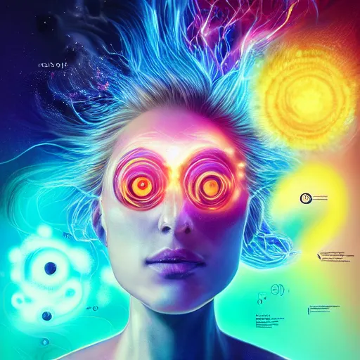 Image similar to I've discovered life, scientist, ecstatic, infinite power, manic, perfect eyes, full body shot, chemical structures, atoms, molecules, portrait, energized face, noble, transformation, vivid colors, elegant, concept art, sharp focus, digital art, Hyper-realistic, 4K, Unreal Engine, Highly Detailed, HD, Dramatic Lighting by Brom, trending on Artstation