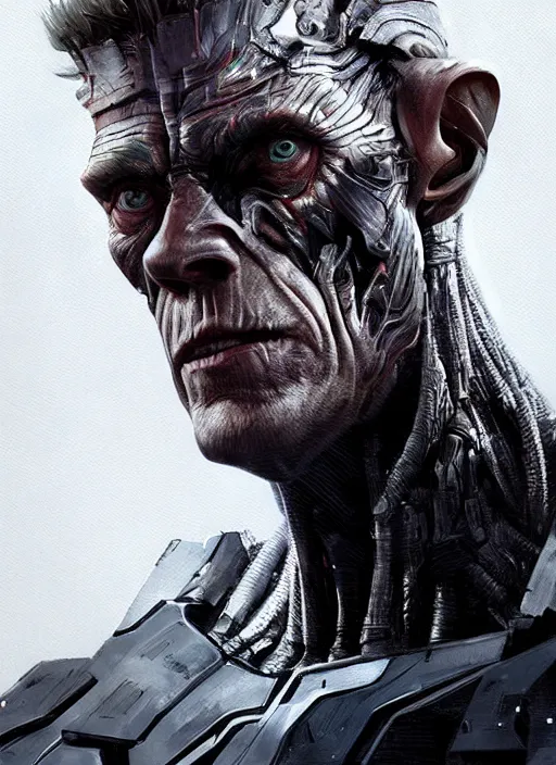 Image similar to portrait of willem dafoe as victor stone, cyborg, borg, strogg, face of a man, terminator, flesh, quake strogg, doom demon, wolfenstein, monstrous, symmetry, symmetrical, concept art by ruan jia and greg rutkowski