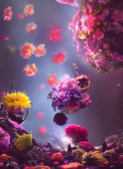 Image similar to An epic fantastic realism comic book style painting of the most beautiful spinning flowers floating into the dark and starry cosmos, exquisite bouquets, fisheye, a star implodes, unreal 5, DAZ, hyperrealistic, octane render, dynamic lighting