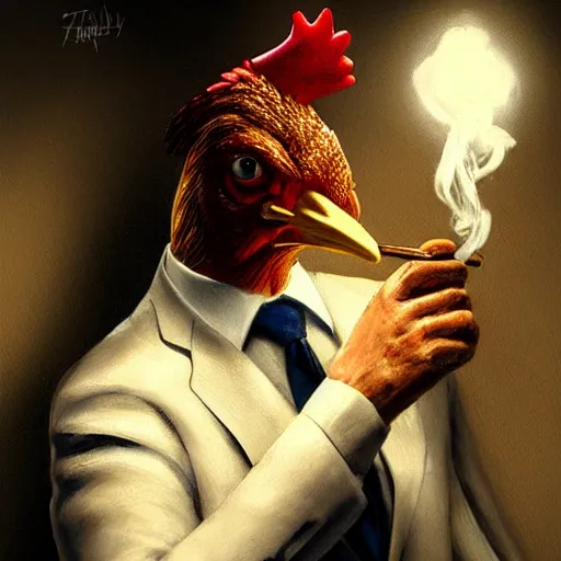 Image similar to a chicken wearing a suit smoking a cigar, dramatic lighting, cinematic, establishing shot, extremly high detail, photorealistic, cinematic lighting, artstation, style by James Gurney