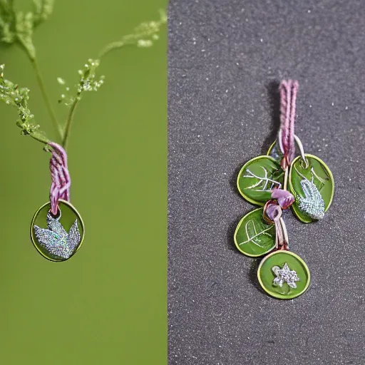 Image similar to a detailed product photograph of a tiny magical charm enchantment that bestows abundance and playfulness and that friday feeling, made with tiny delica beads and glitter thread and herbs, organic olive green tones, light leaks