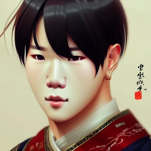 Image similar to 5 mm close up portrait photo of park jimin wearing a traditional outfit. art by greg rutkowski. lifelike. very detailed 8 k. intricate. soft light. nikon trending on pixiv fanbox, painted by greg rutkowski makoto shinkai takashi takeuchi studio ghibli, akihiko yoshida