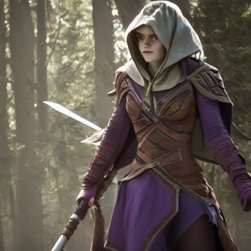 Image similar to movie still Emma Watson as Sylvanas Windrunner , pale violet skin