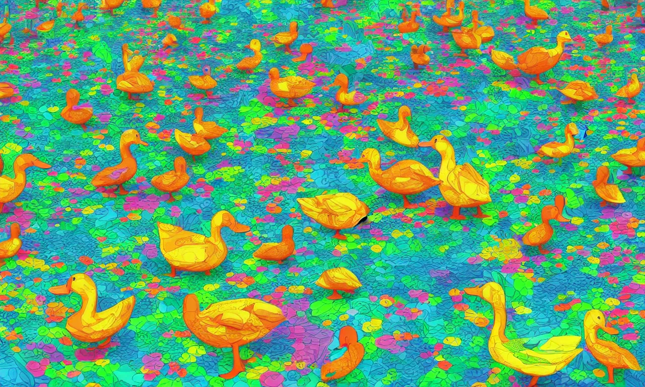 Prompt: few colorful ducks and forested blobs interconnected by high speed rails, digital art, 3 d, illustration