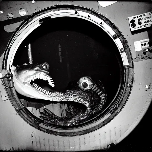 Image similar to an old black and white photo of a nightmarish sea monster seen through the porthole of a submarine, underwater, creepy, scary, dark,